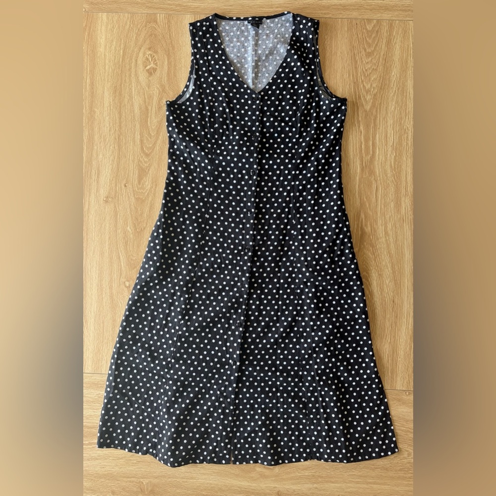 Tahari Black White Button Front Polka Dot Sleeveless Dress - Size L
